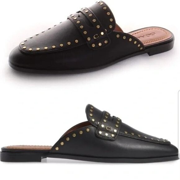 Coach Black Leather Gold Stud Mule (G2667) Women's Size 5.5 B NWOb - Picture 1 of 7